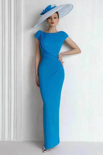 Sheath Chiffon Blue Bateau Mother of the Bride Dress with Cap Sleeves